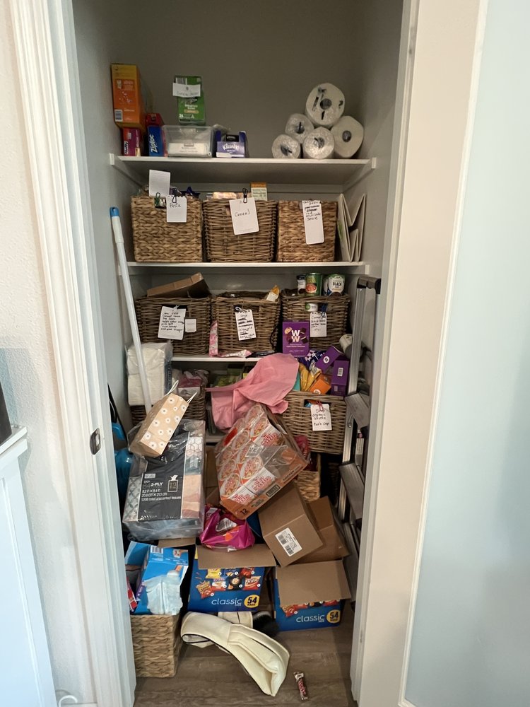 Disorganized pantry with food items randomly placed, expired products mixed in, and difficult to find anything